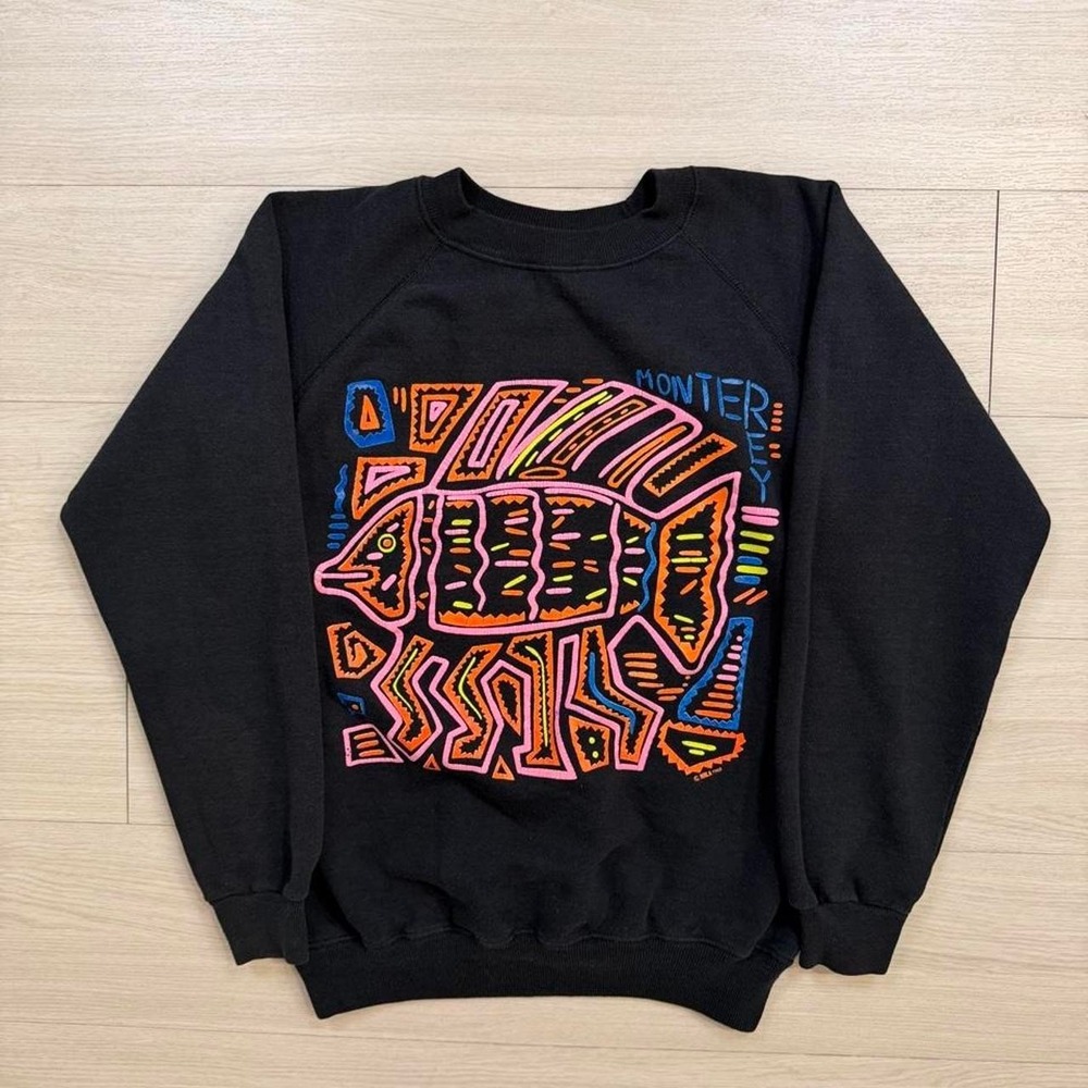 Vintage 1989 Monterey California Neon Fish Black Crewneck Womens Size Medium